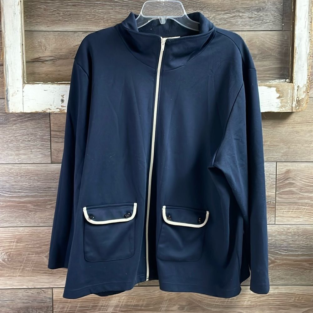 BonWorth Ladies Zip Front Jacket Cardigan, Size XLP, Navy Blue and White